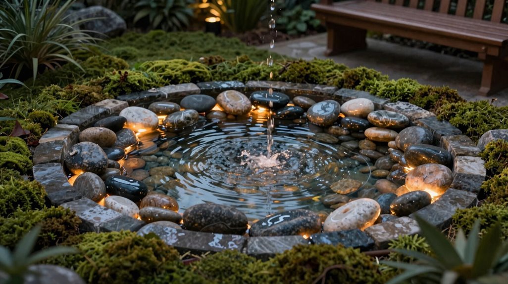 7 Pebble Fountain Ideas for a Tranquil Backyard 7 ambient pebble fountain evening lighting