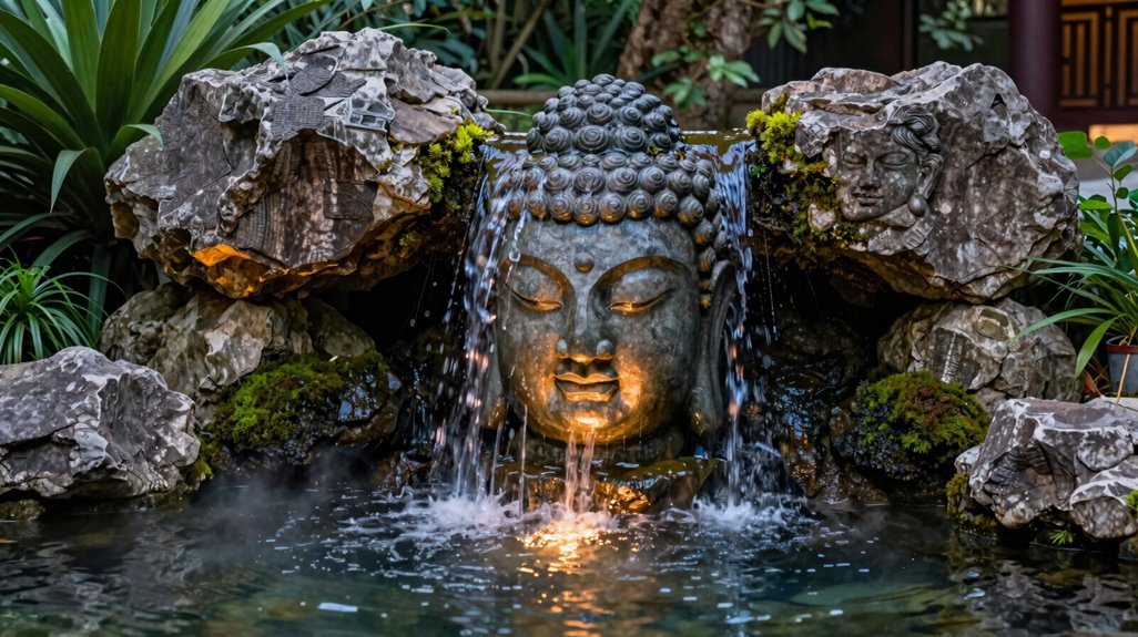 buddha head fountain serenity landscape