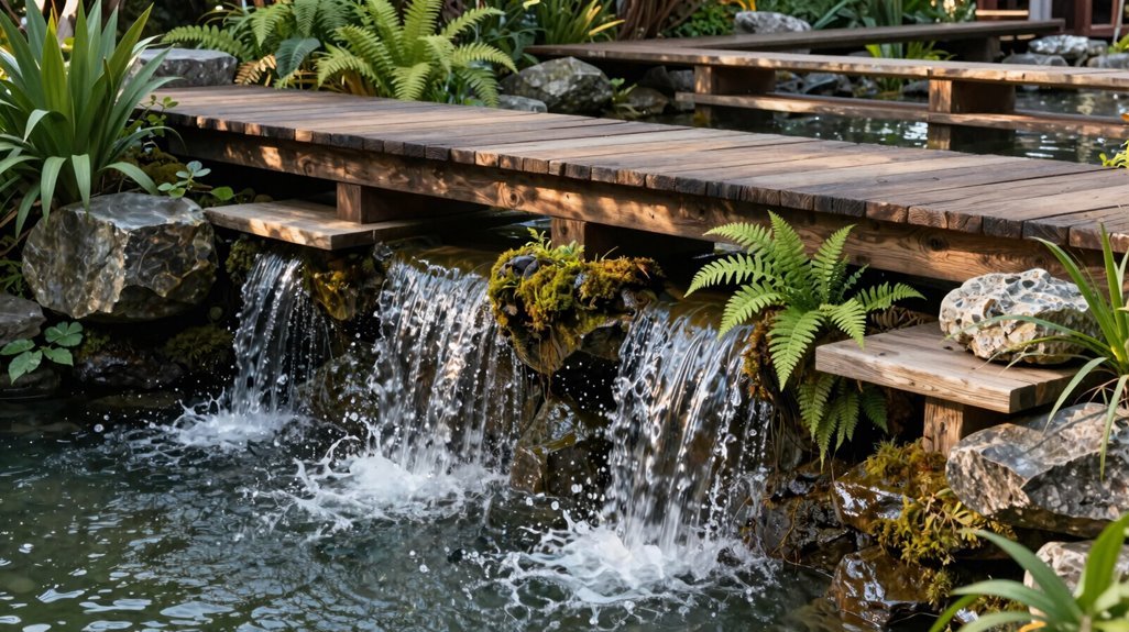 cascading waterfalls shelves bridge