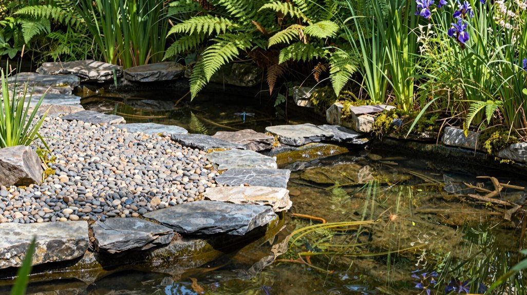 dry laid stone edging for liner concealment