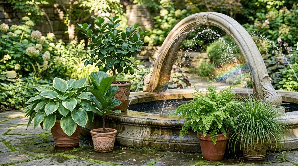 five plants around fountain display