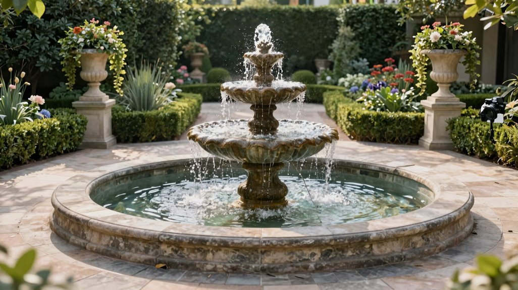 formal hexagonal fountain symmetry installation