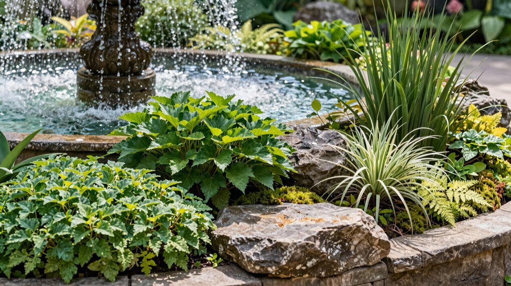 5 Plants Around Fountain Ideas for a Stunning Garden Display 1 fountain friendly moisture loving planting arrangement