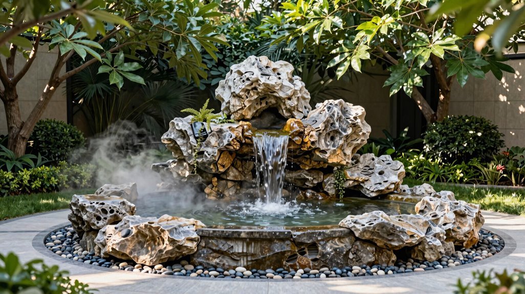 fountain rocks in shade frontyard