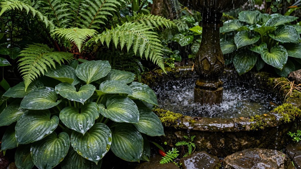 5 Plants Around Fountain Ideas for a Stunning Garden Display 3 japanese painted fern and hostas layered damp edge texture