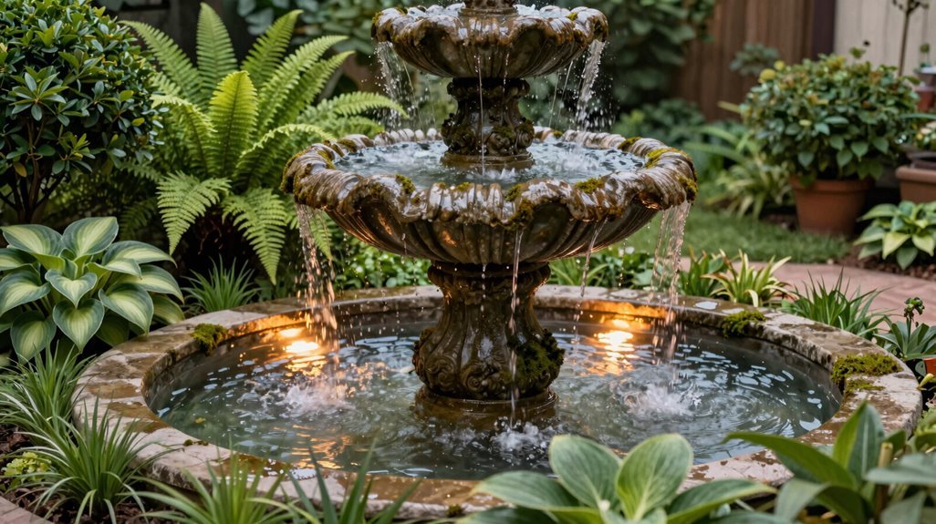 light plant framing and layered illumination enhance fountain gatherings