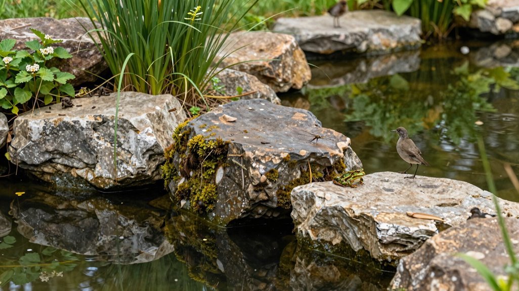 natural stone pond edging supports wildlife