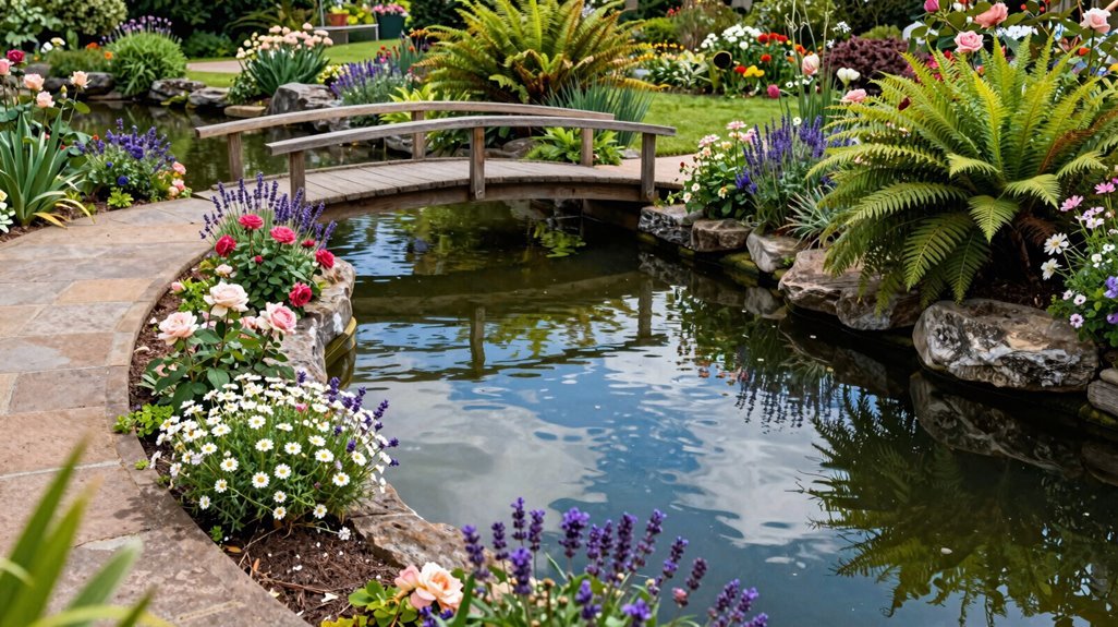 pond bridge with flowering borders