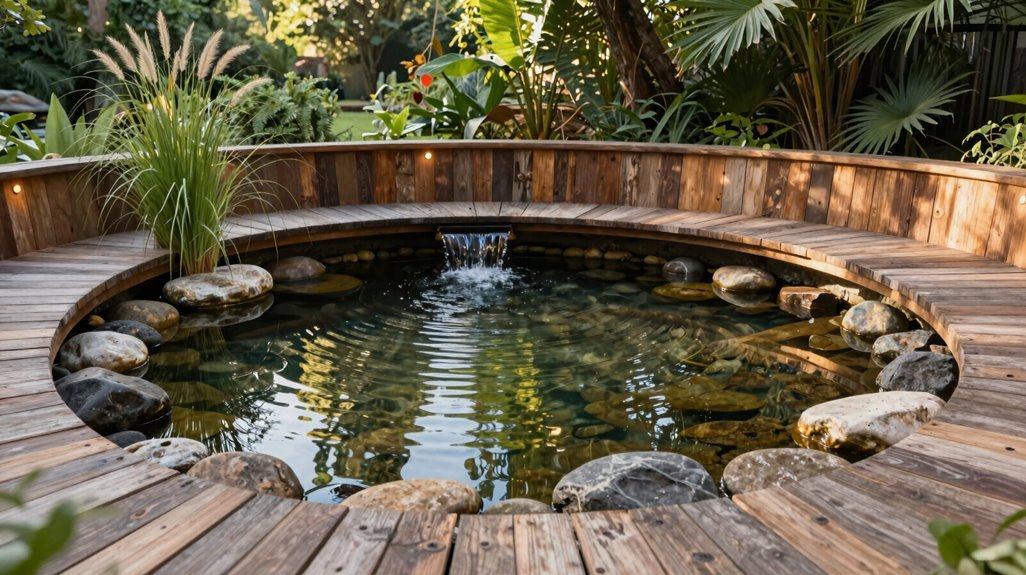 stone bench embraces curved pond edge