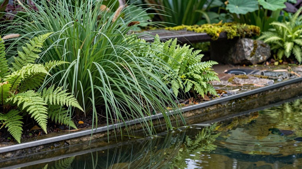 unified pond edging blends timber rock and planting